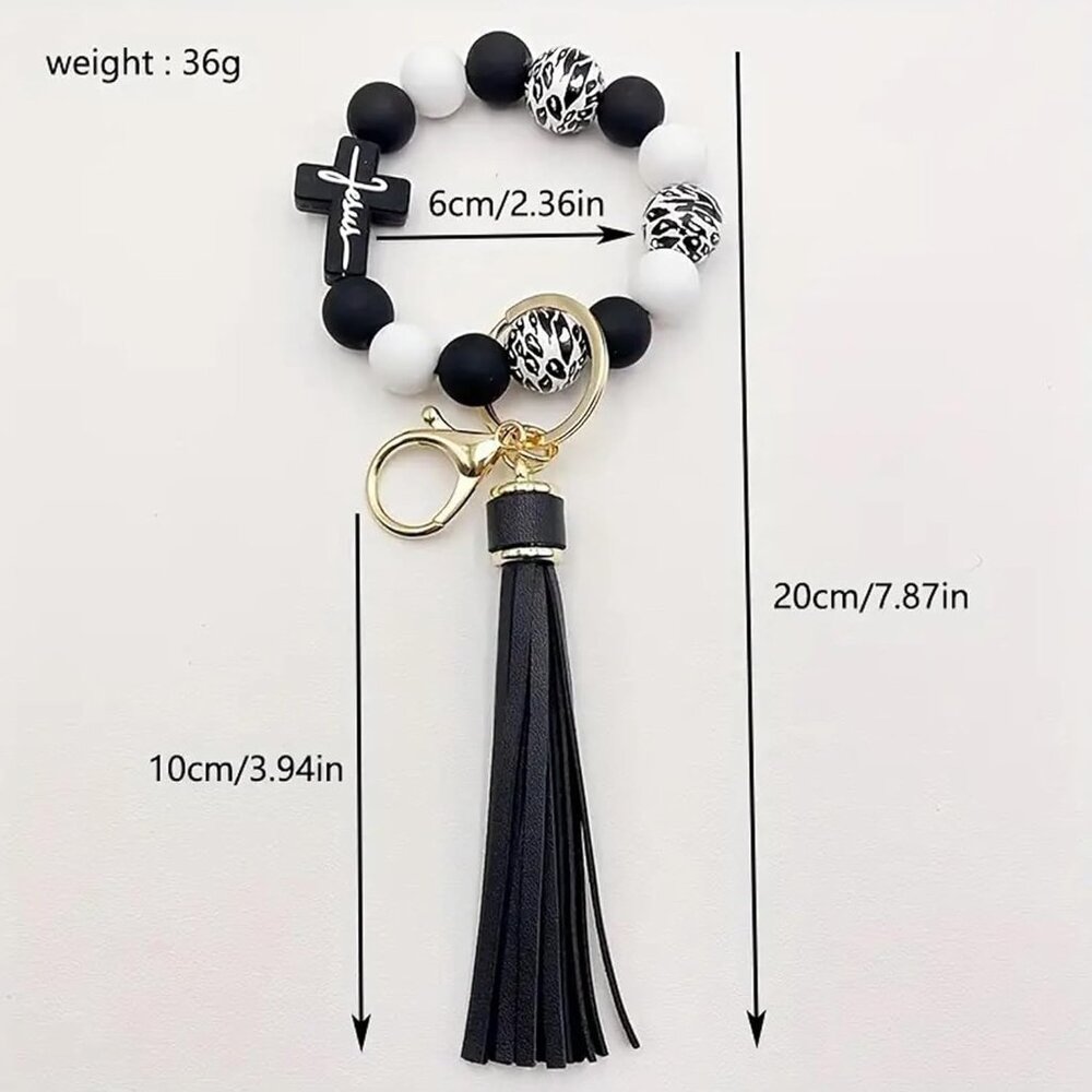 Wristlet Bracelet Keychain for Women,Silicone/Wood Cross Leopard Beaded Bracelet - Picture 6 of 9